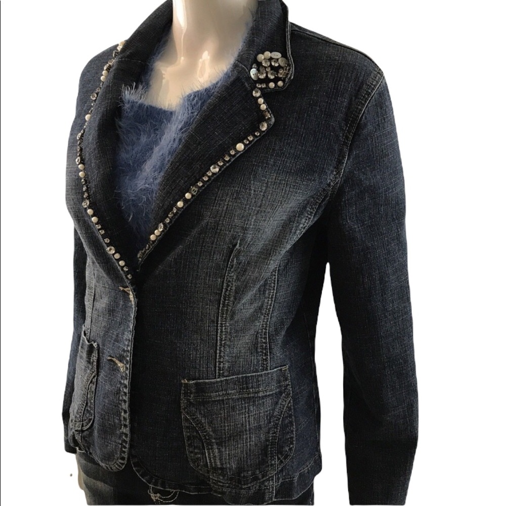 Y2K Vintage Jean Jacket BACCINI Embellished Denim Blue Jean Blazer Medium